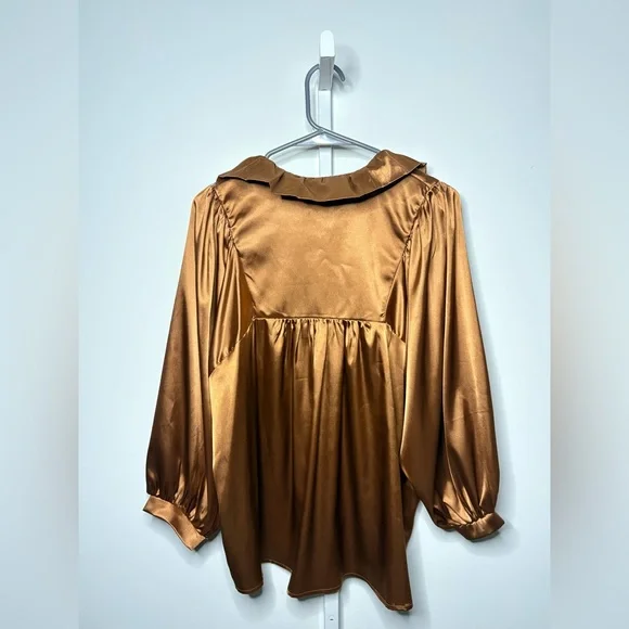 Adrienne Copper Shimmer Blouse S Metallic Satin V-Neck Stretch Top - Picture 6 of 11